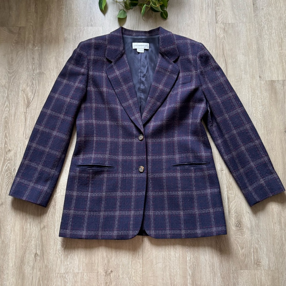 VTG Liz Claiborne Navy Blue Plaid Wool Blazer